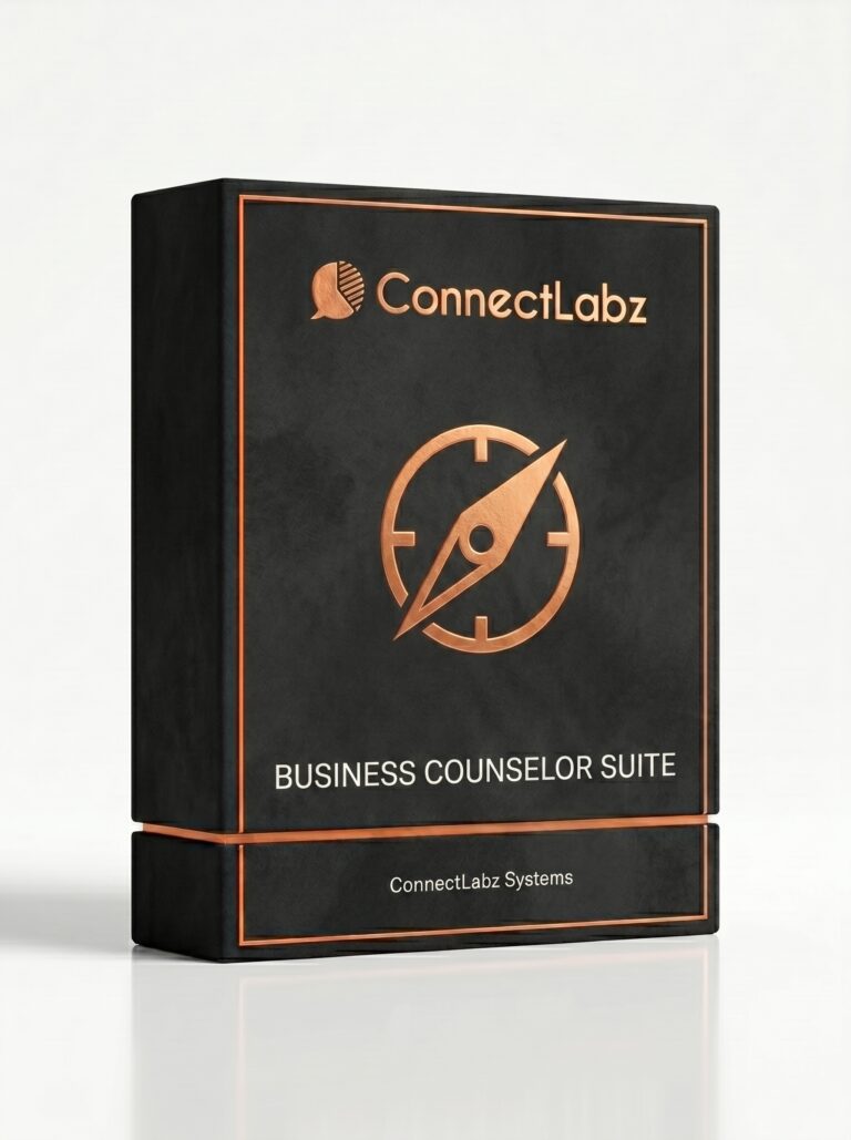 Black and copper ConnectLabz Business Counselor System box with a compass emblem on a white background